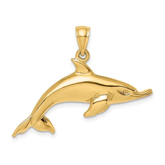14k Yellow Gold Polished Swimming Dolphin Nautical Necklace Charm Pendant - Picture 1 of 4